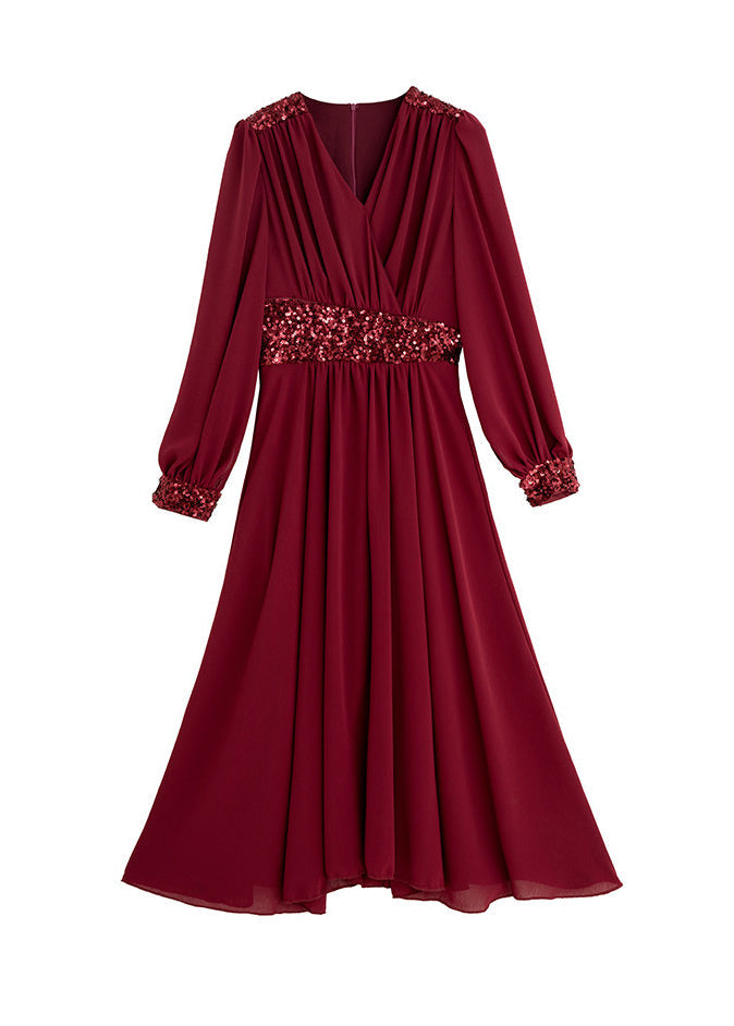 Robe longue femme col en V à paillettes patchwork mousseline été 4