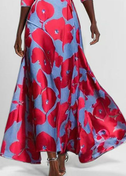 Robe longue femme col en V imprimée à ourlet large manches mi-longues 4