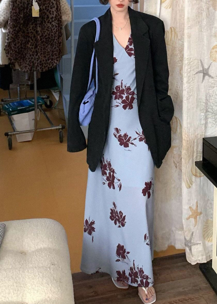 Robe longue femme col en V imprimée sans manches 2