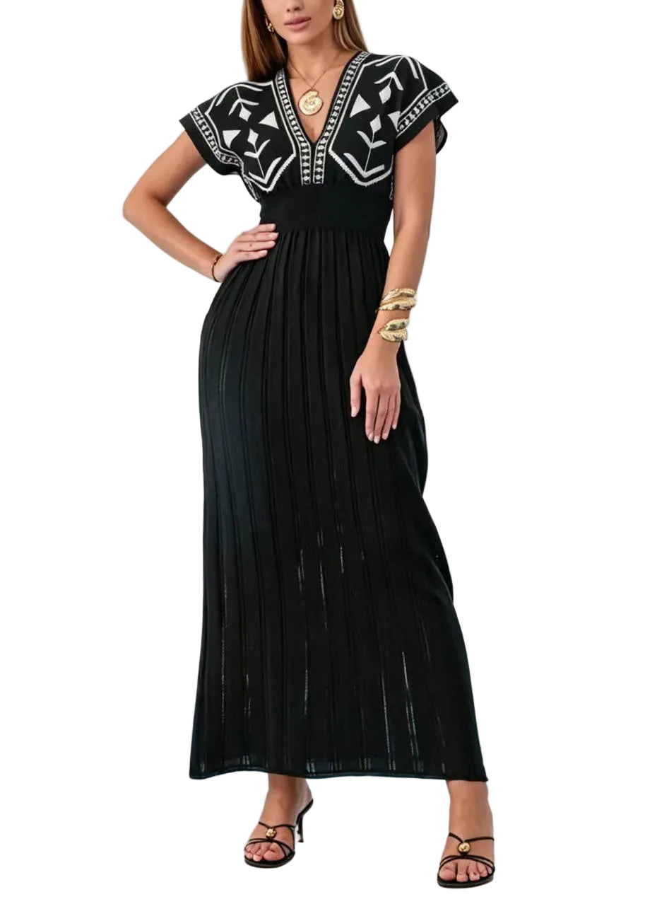 Robe longue femme col en V manches courtes tricotée 1