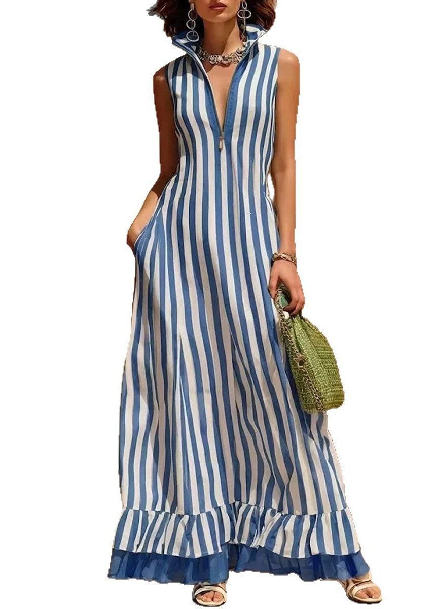 Robe longue femme décontractée à rayures col montant sans manches 4