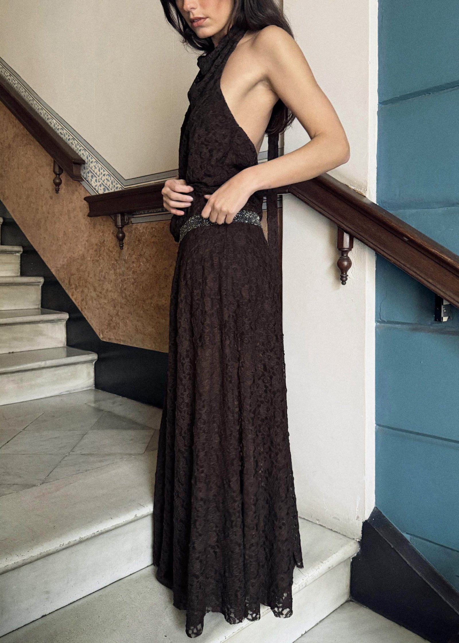 Robe longue femme dos nu style dentelle été 1