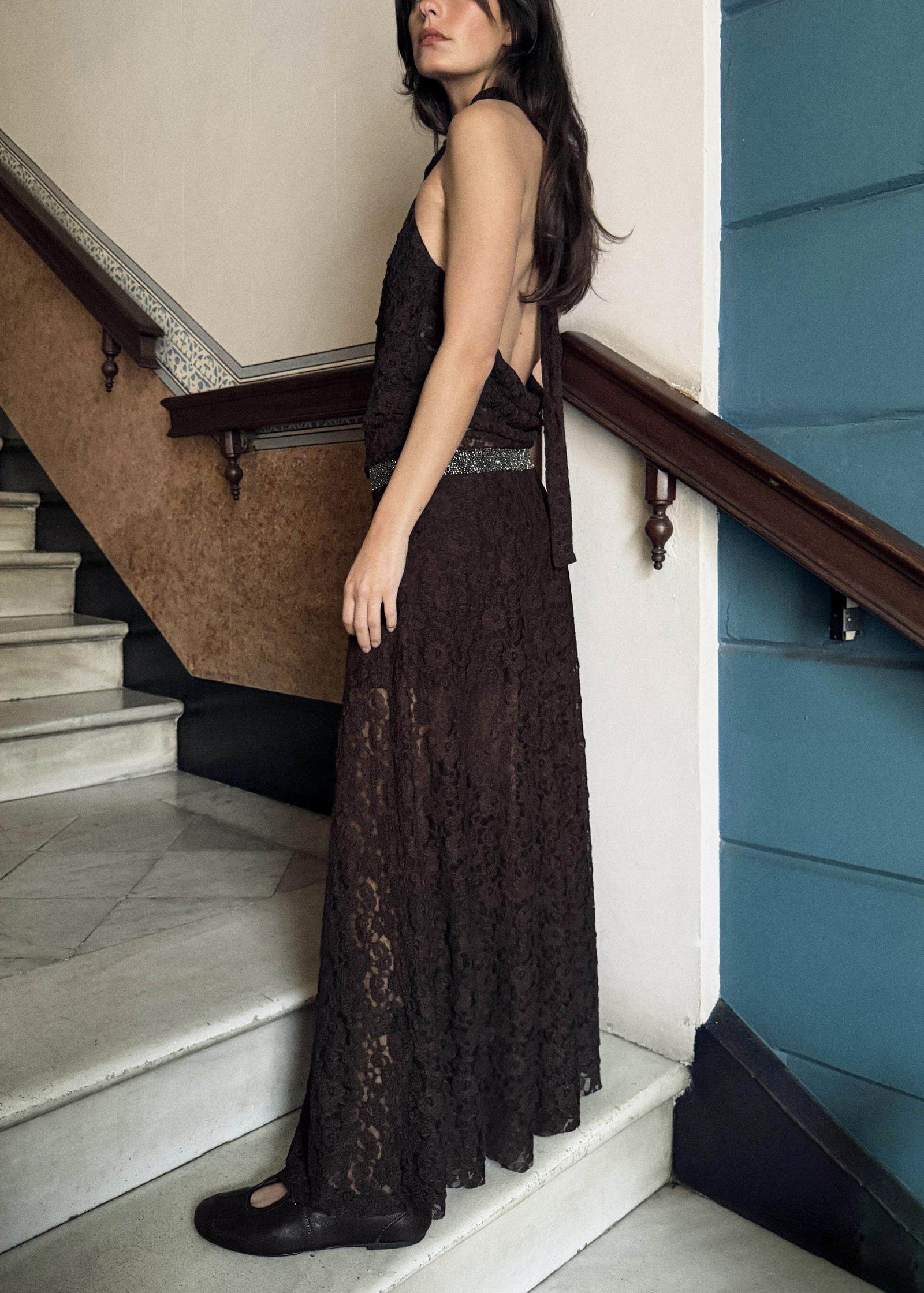 Robe longue femme dos nu style dentelle été 2