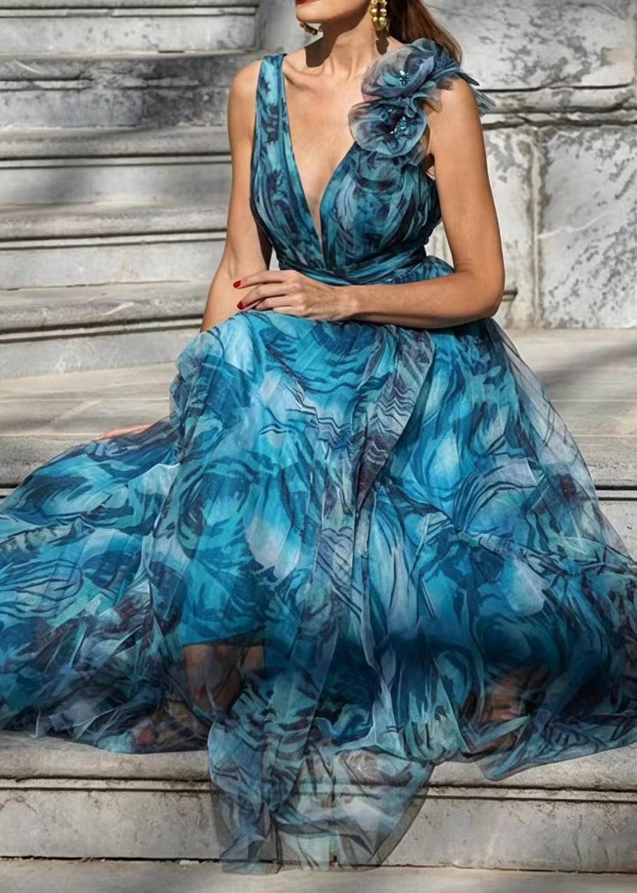 Robe longue femme style bohème à col en V imprimé floral 1