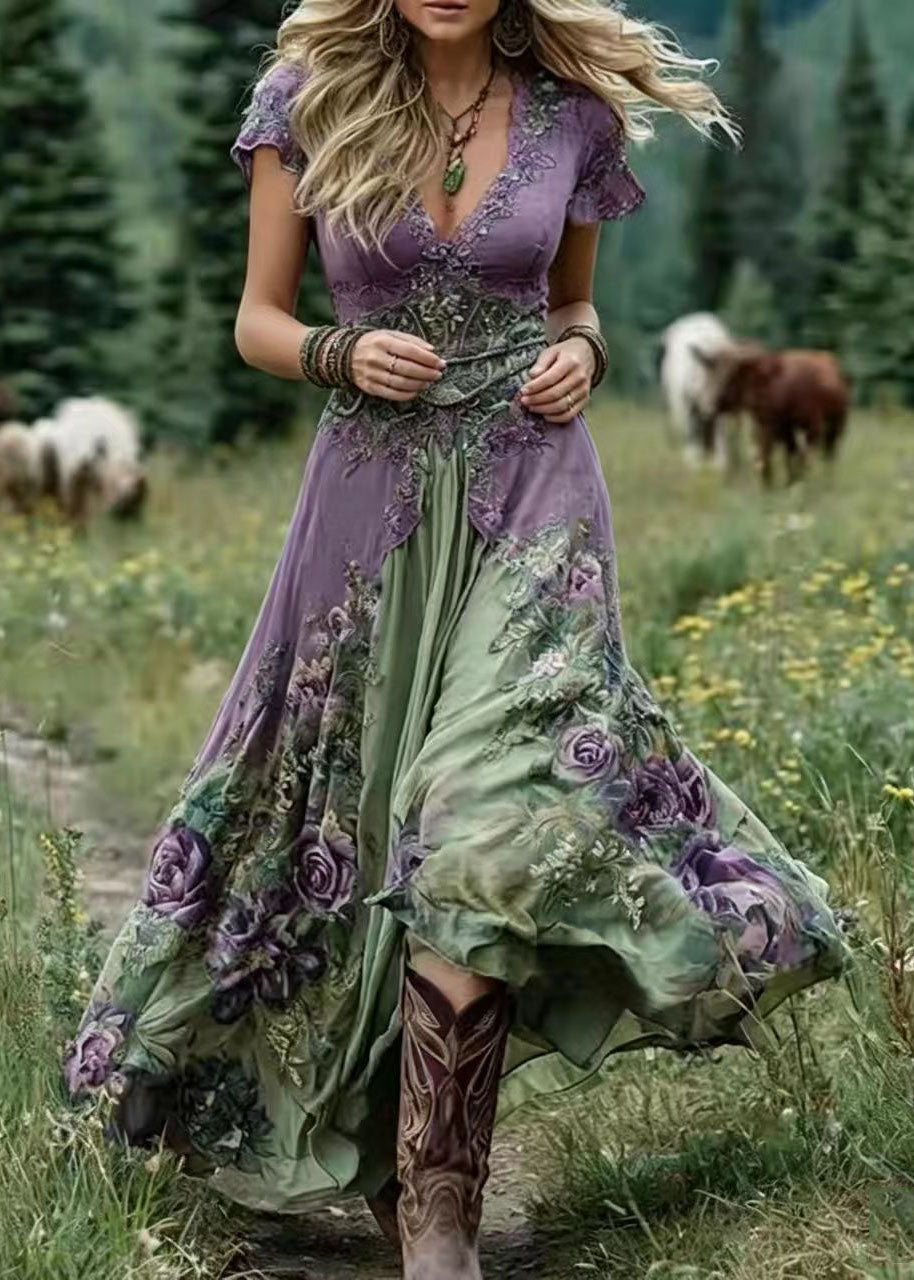 Robe longue femme style bohème col en V manches courtes 2
