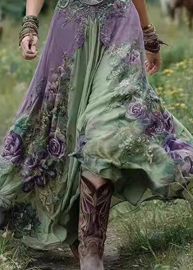 Robe longue femme style bohème col en V manches courtes 4