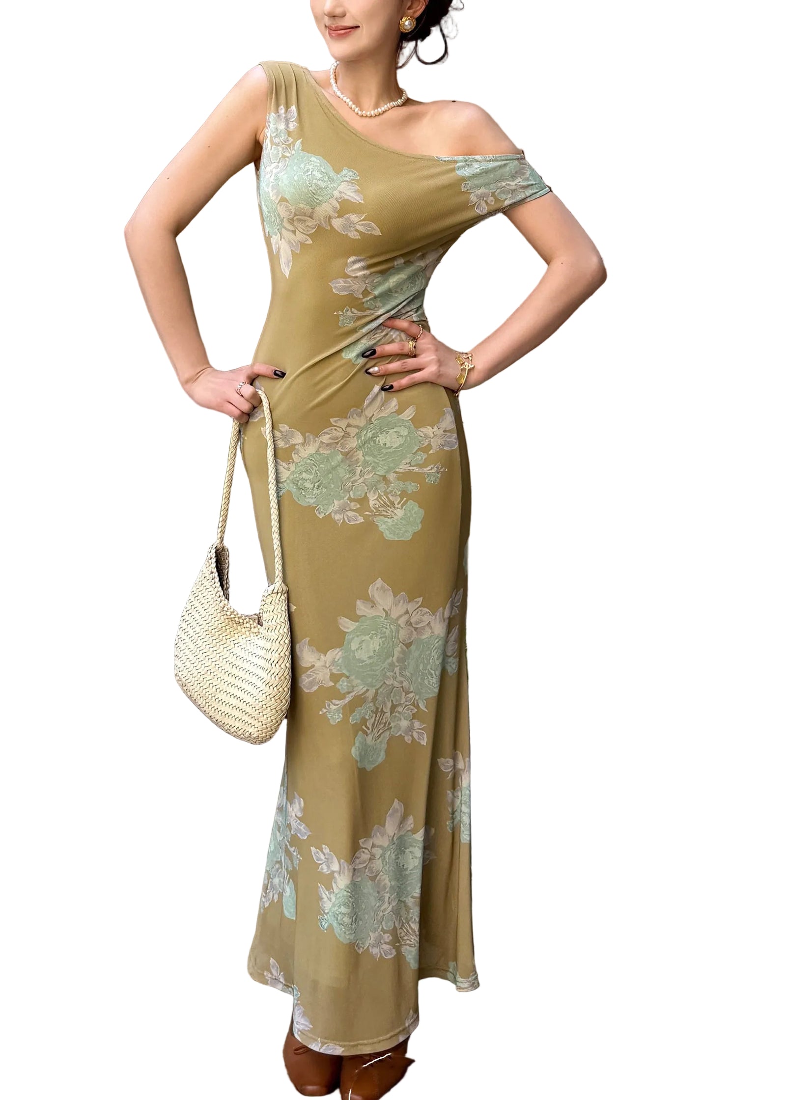 Robe longue femme style chinois col rond imprimée à tulle 0