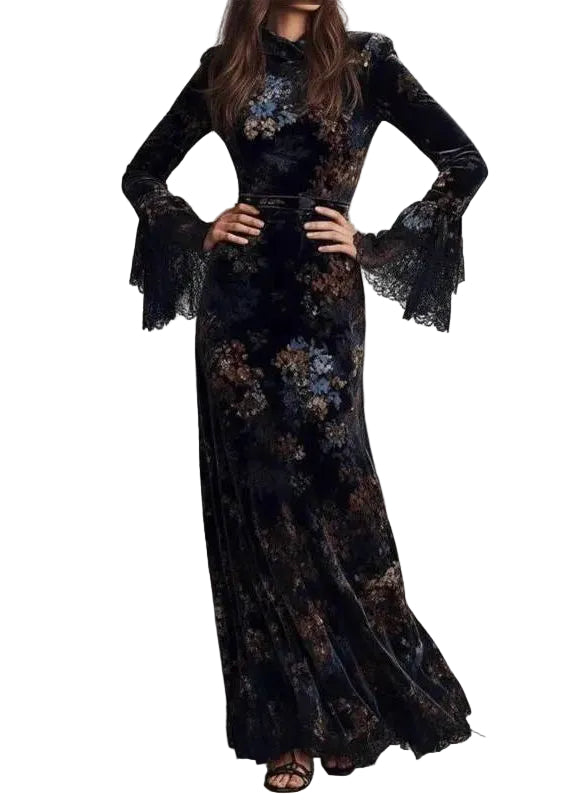 Robe longue femme style chinois imprimé bleu automnal 0