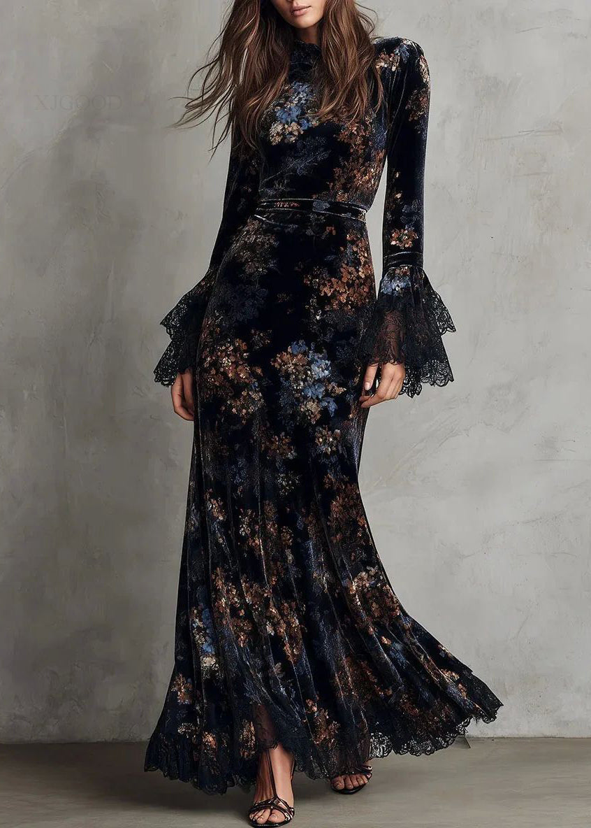 Robe longue femme style chinois imprimé bleu automnal 1