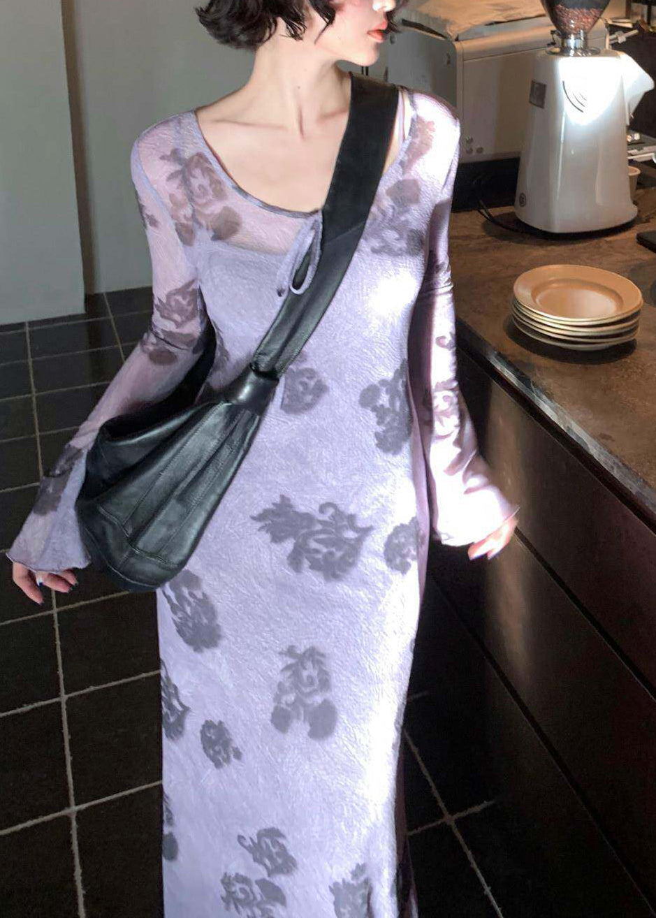 Robe longue imprimée col rond pour femme style deux pièces en tulle automnal 2