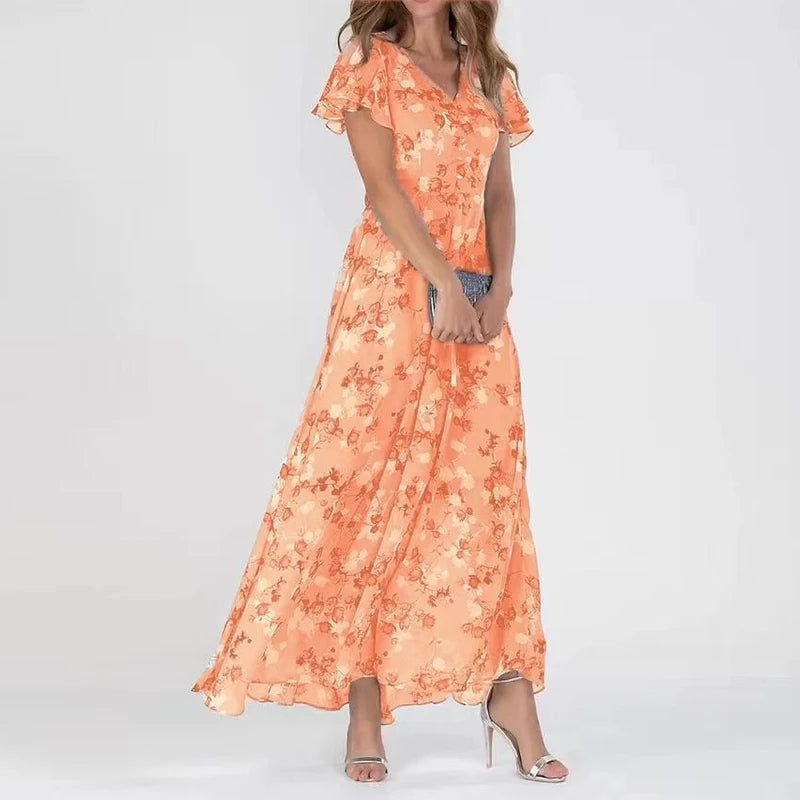 Robe longue maxi pour femme, imprimé floral, col en V, manches courtes flatteuses 3