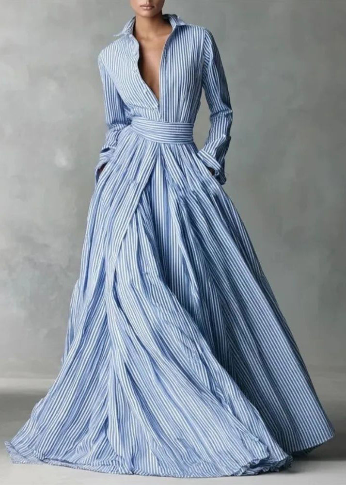 Robe longue pour femme à col claudine rayée 2