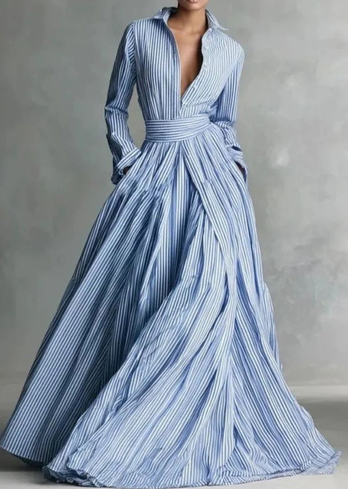 Robe longue pour femme à col claudine rayée 4