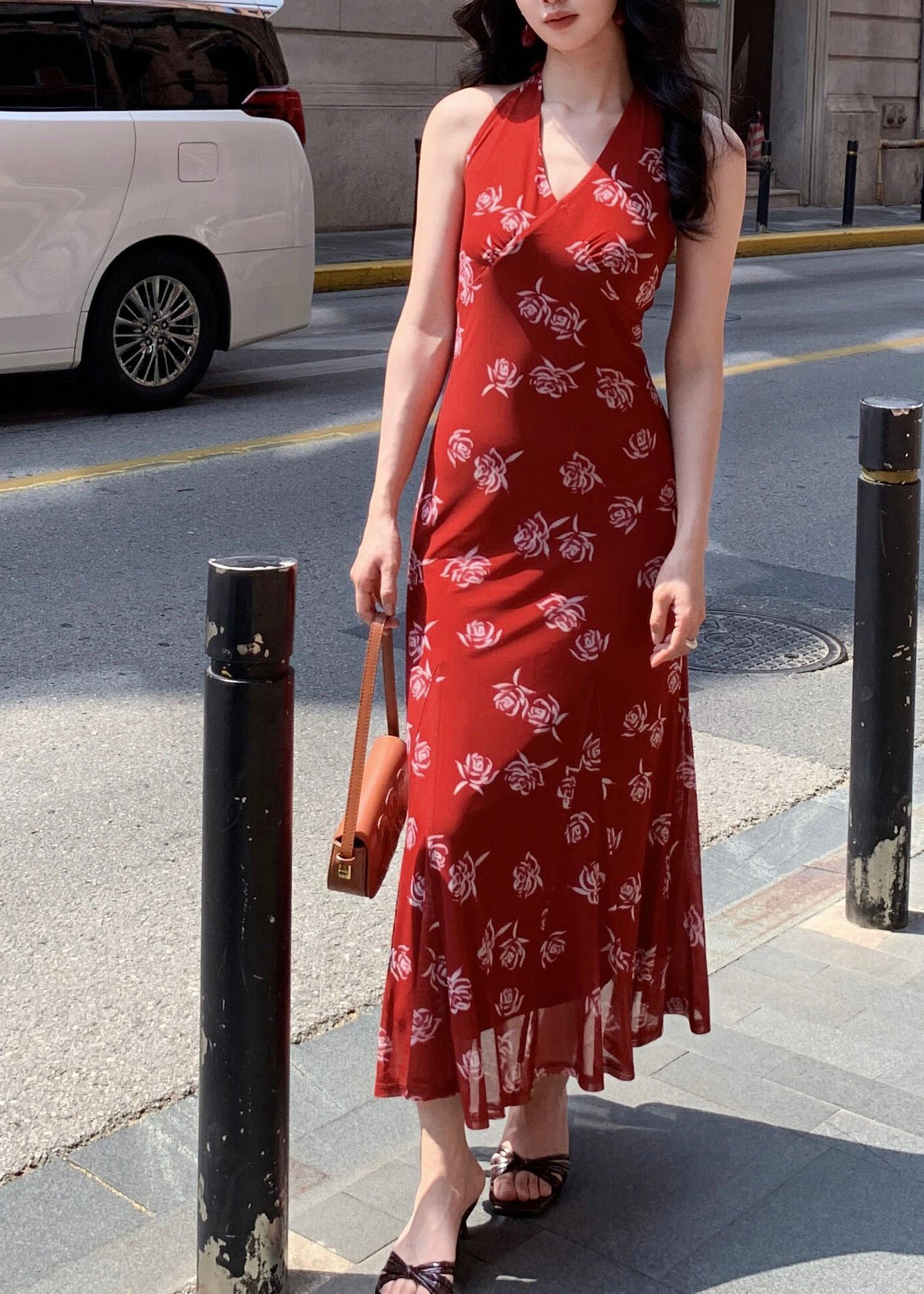 Robe longue pour femme à col en V avec patchwork en tulle 2