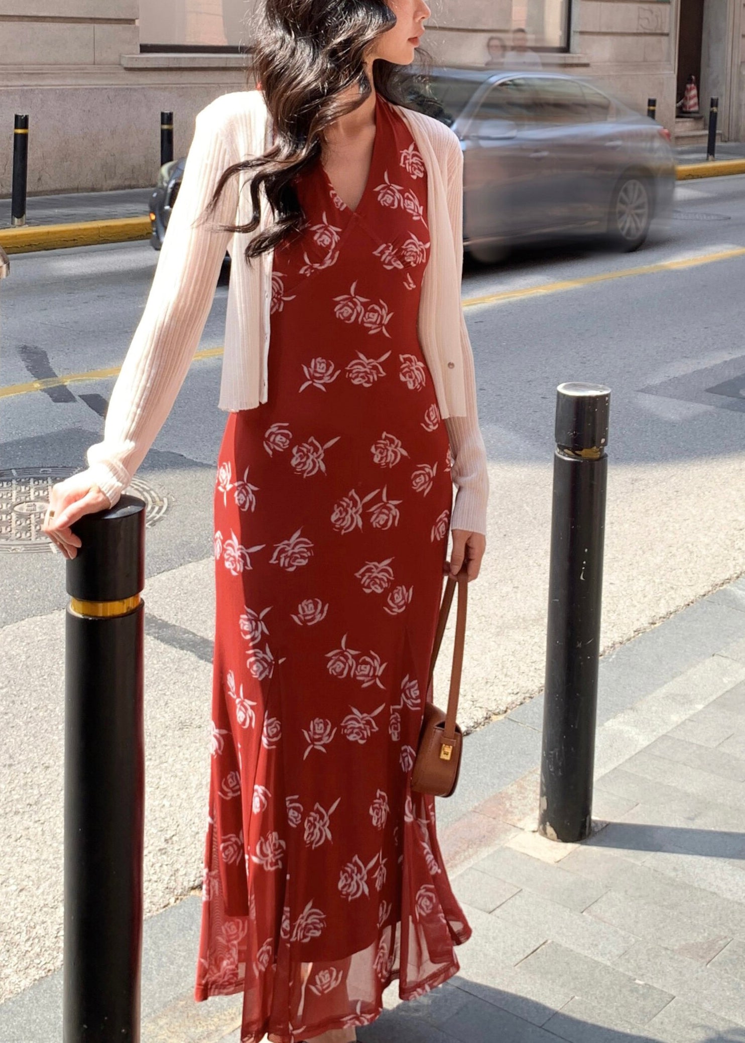 Robe longue pour femme à col en V avec patchwork en tulle 3