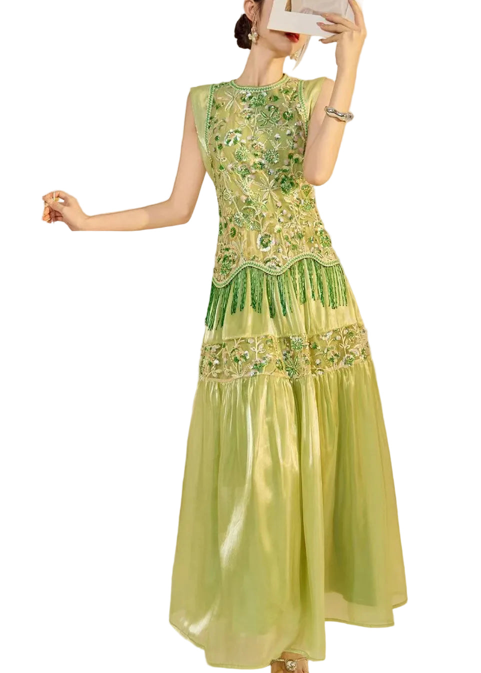 Robe longue sans manches brodée de perles pour femme 0