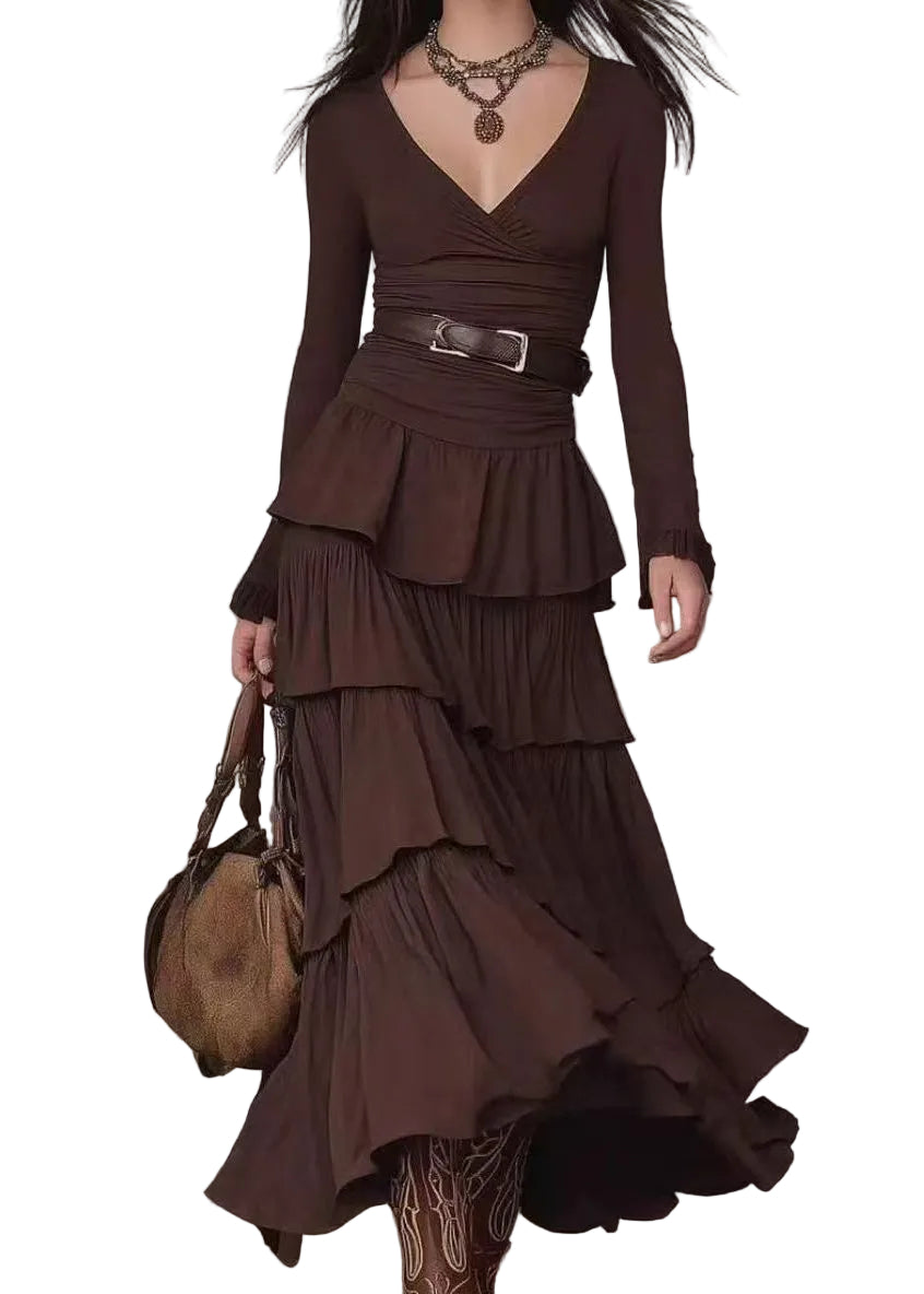 Robe longue superposée à col en V manches longues pour femme 0