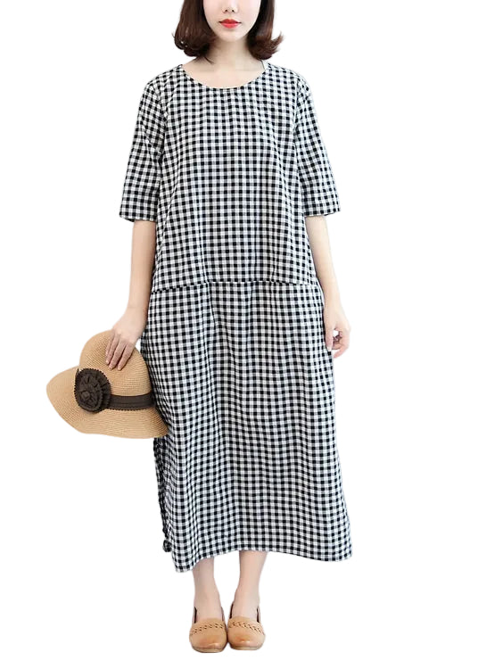 Robe maxi femme à carreaux manches mi-longues ample 0