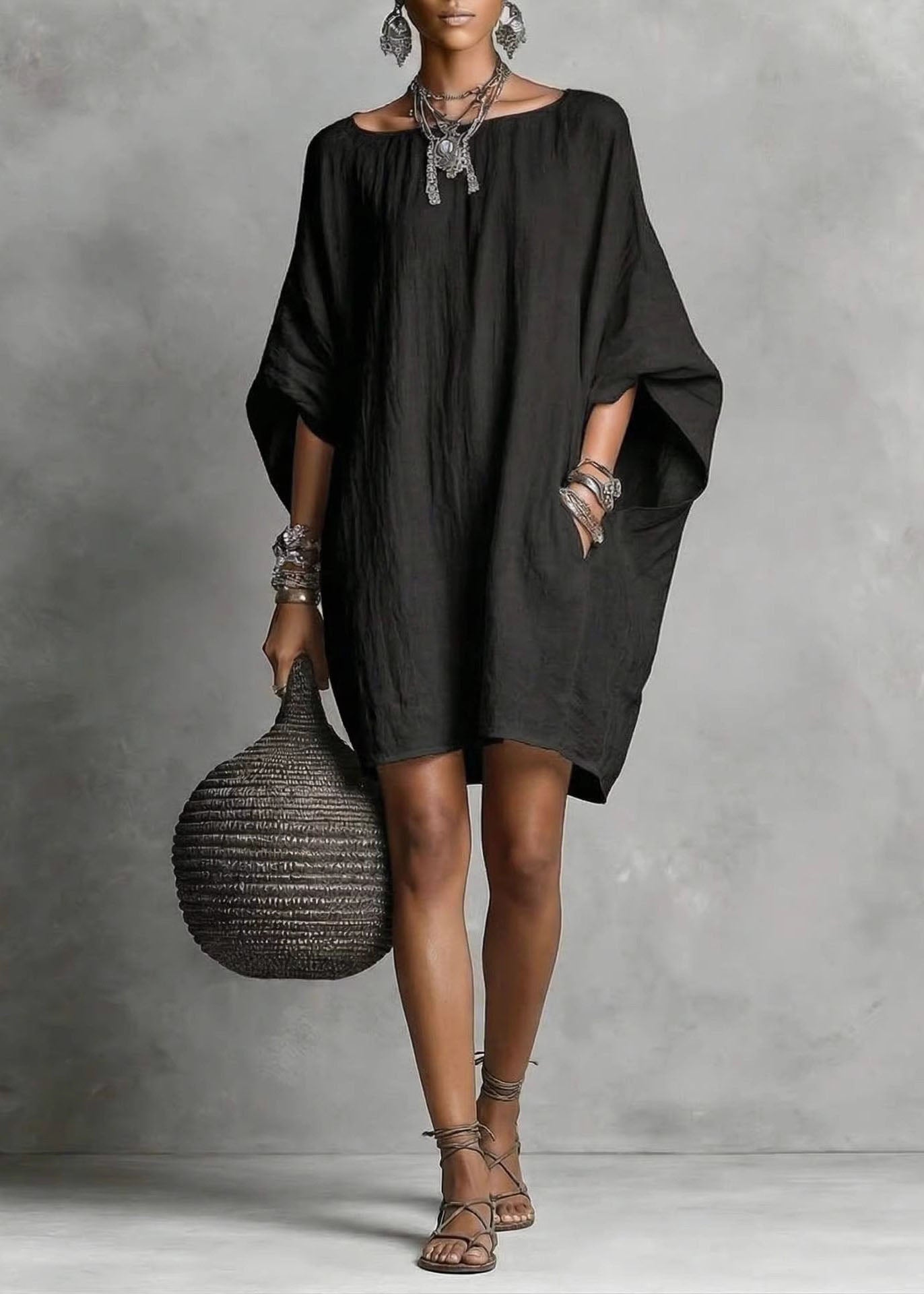 Robe mi-longue décontractée manches chauve-souris pour femme 1