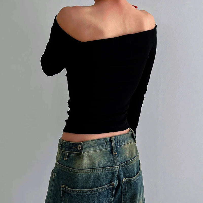 Tops solides à manches longues et à épaules décalées