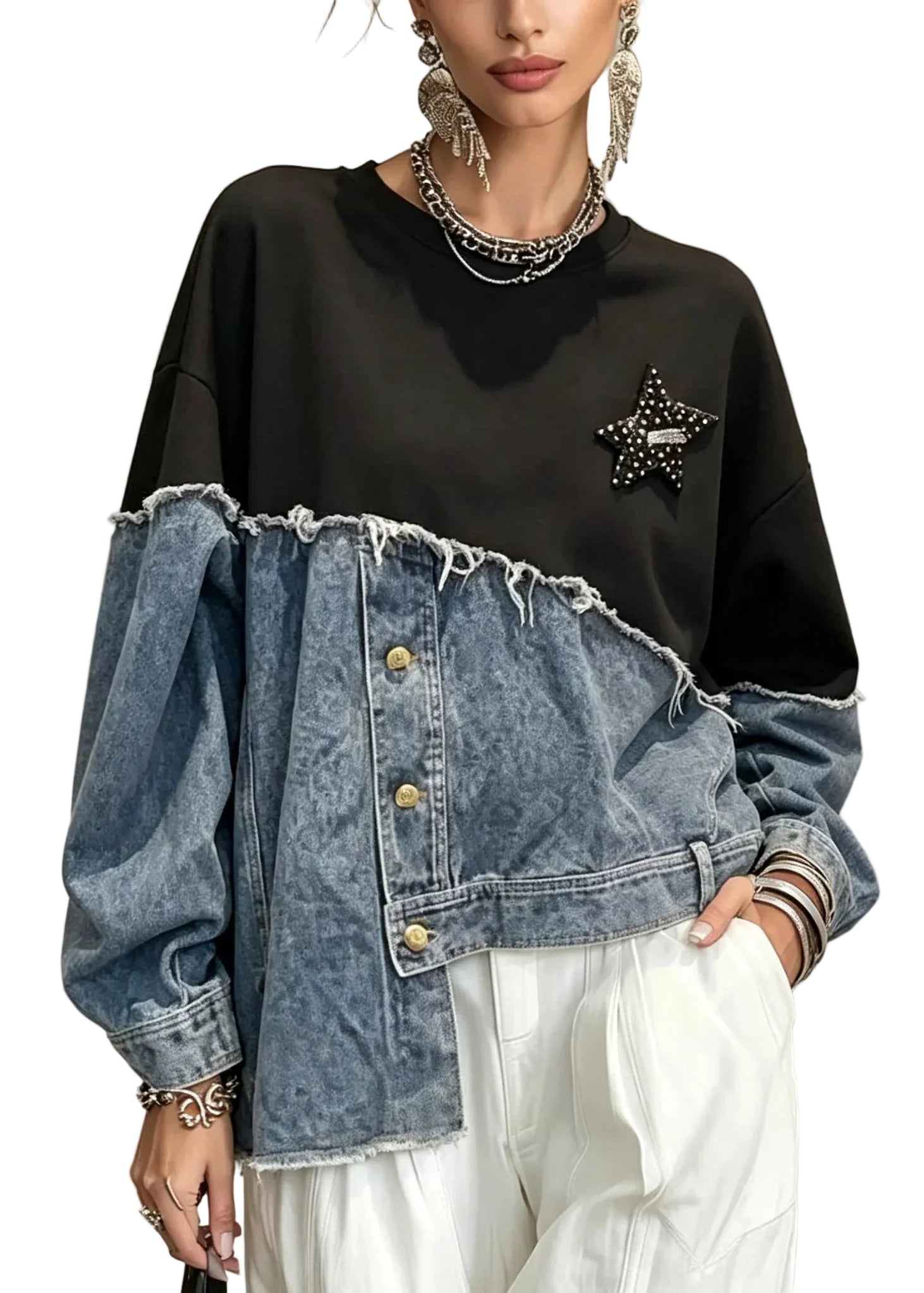 Sweat Shirt Femme Asymétrique Patchwork Boutonné 0