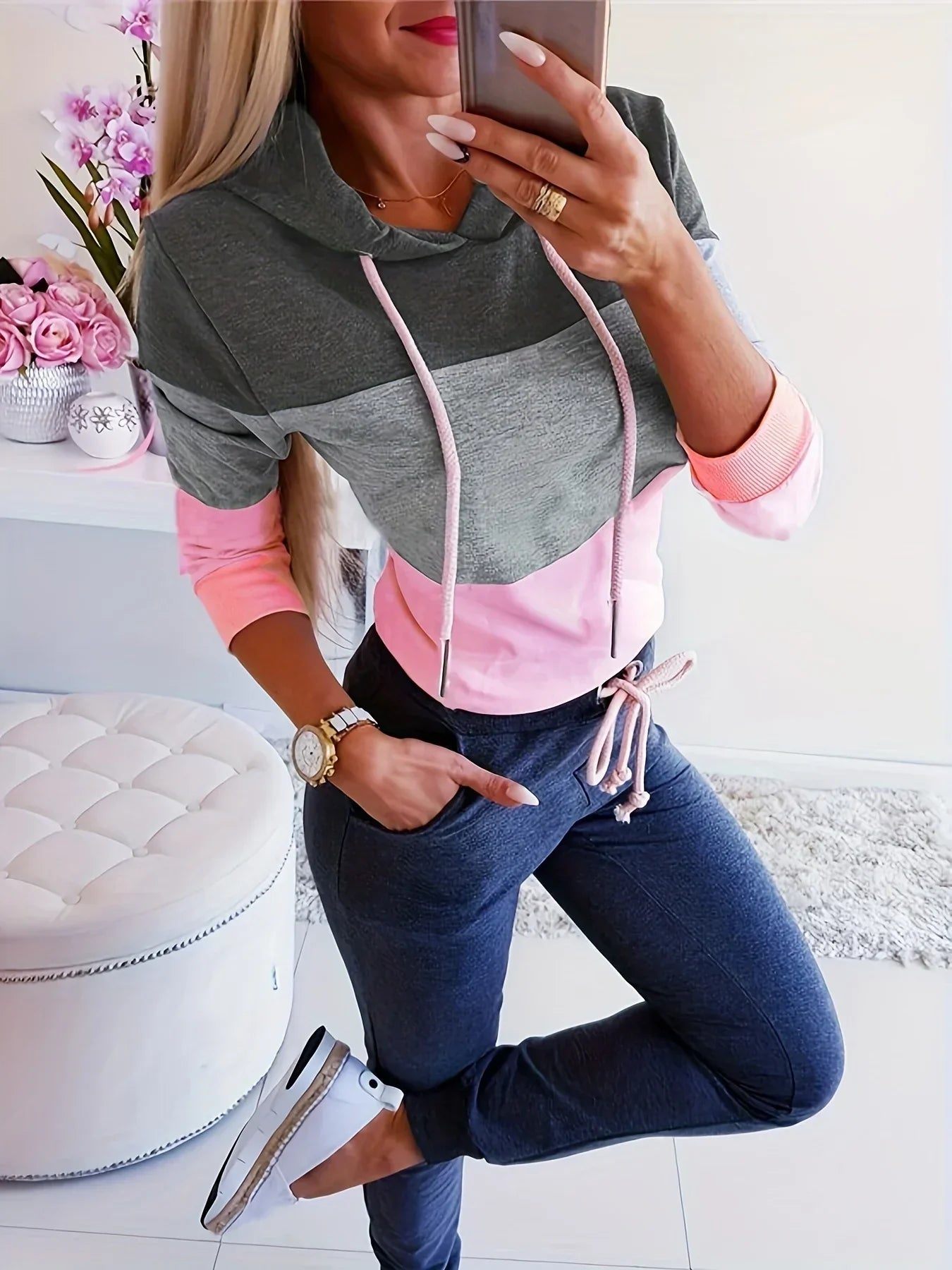 Sweat Shirt Femme Color Block Décontracté à Manches Longues 2
