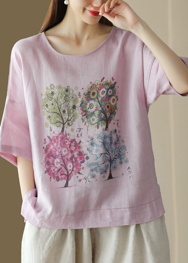 T-shirt Femme Ample Imprimé Rose Col Rond Décontracté Été 2