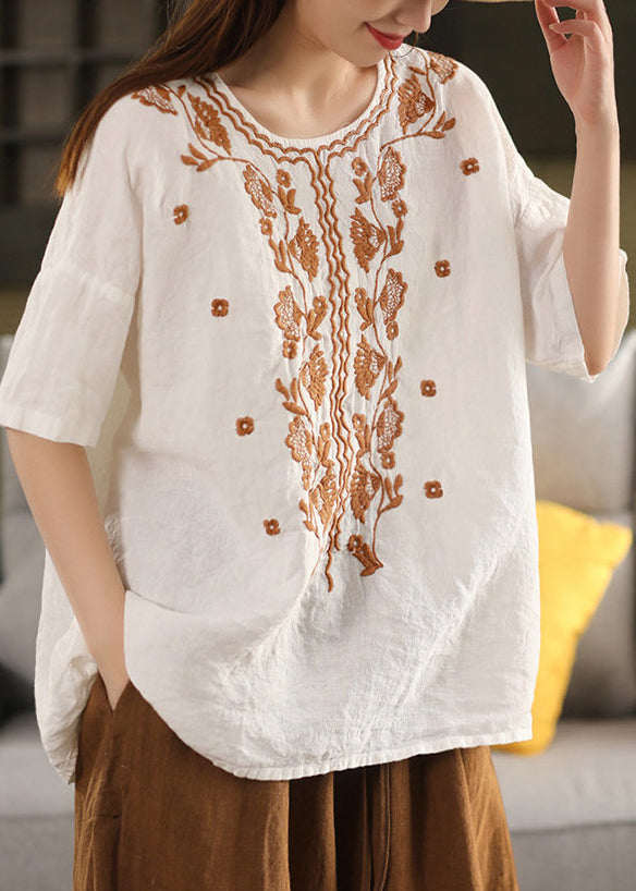 T-shirt Femme Brodé à la Main Col Rond Été 3