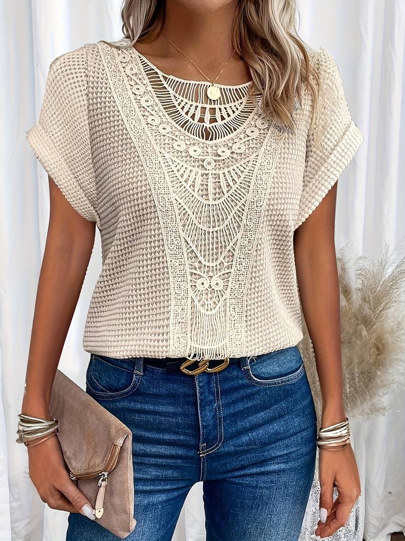 T-shirt Femme à Col Rond avec Détails en Dentelle 0