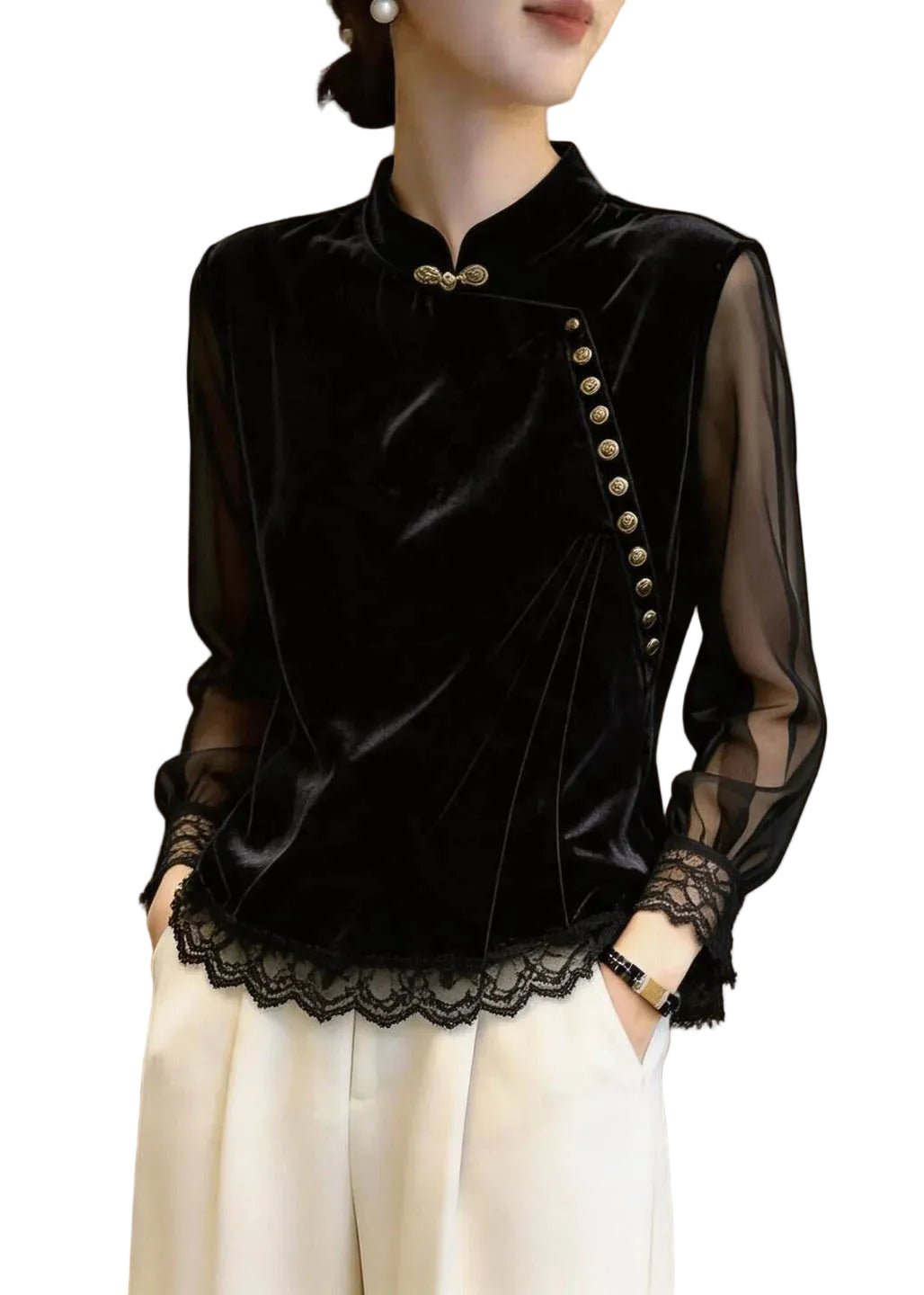 Top Femme Col Montant Dentelle Patchwork Velours Automnal 0