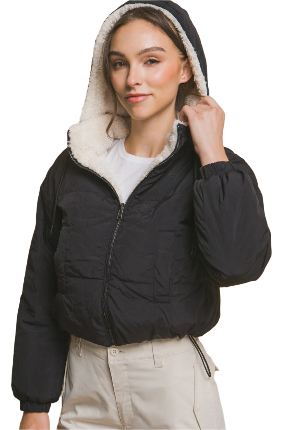 Veste Femme Croppée Réversible Nylon Sherpa à Capuche 0