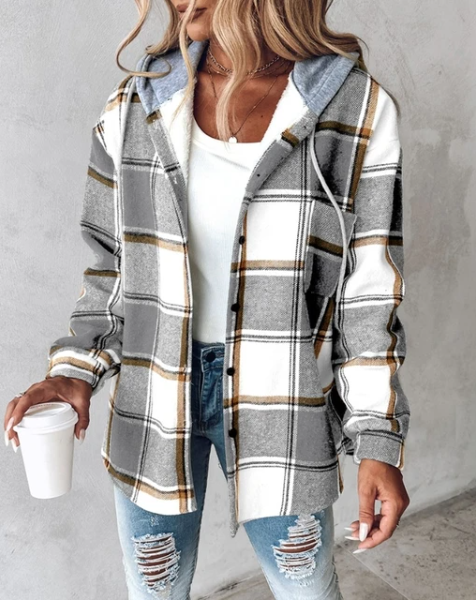 Veste à Capuche Femme à Carreaux Décontractée 2