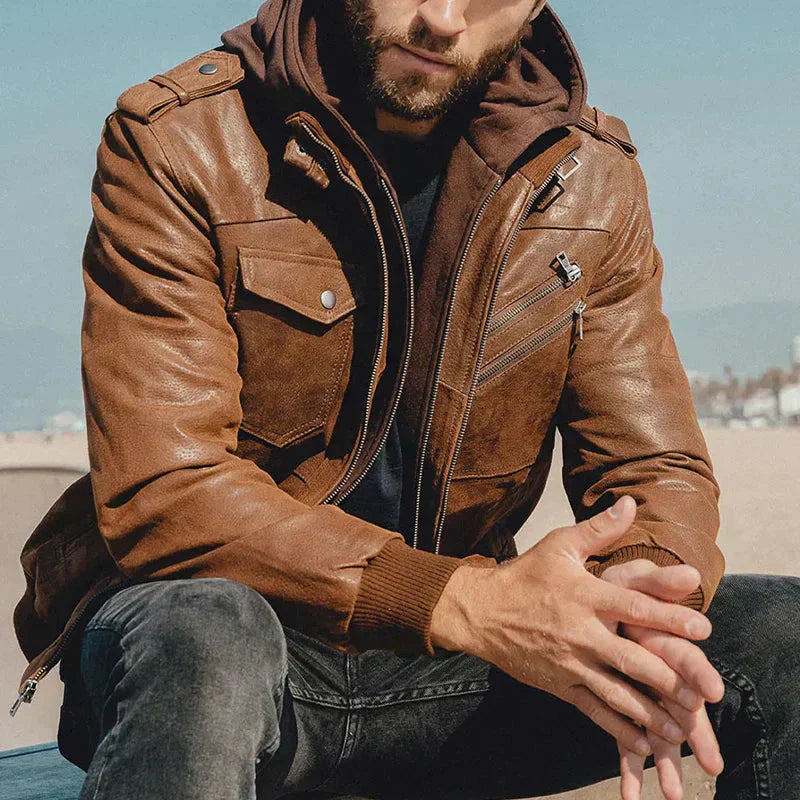 Veste d'hiver en cuir pour hommes avec capuche 3