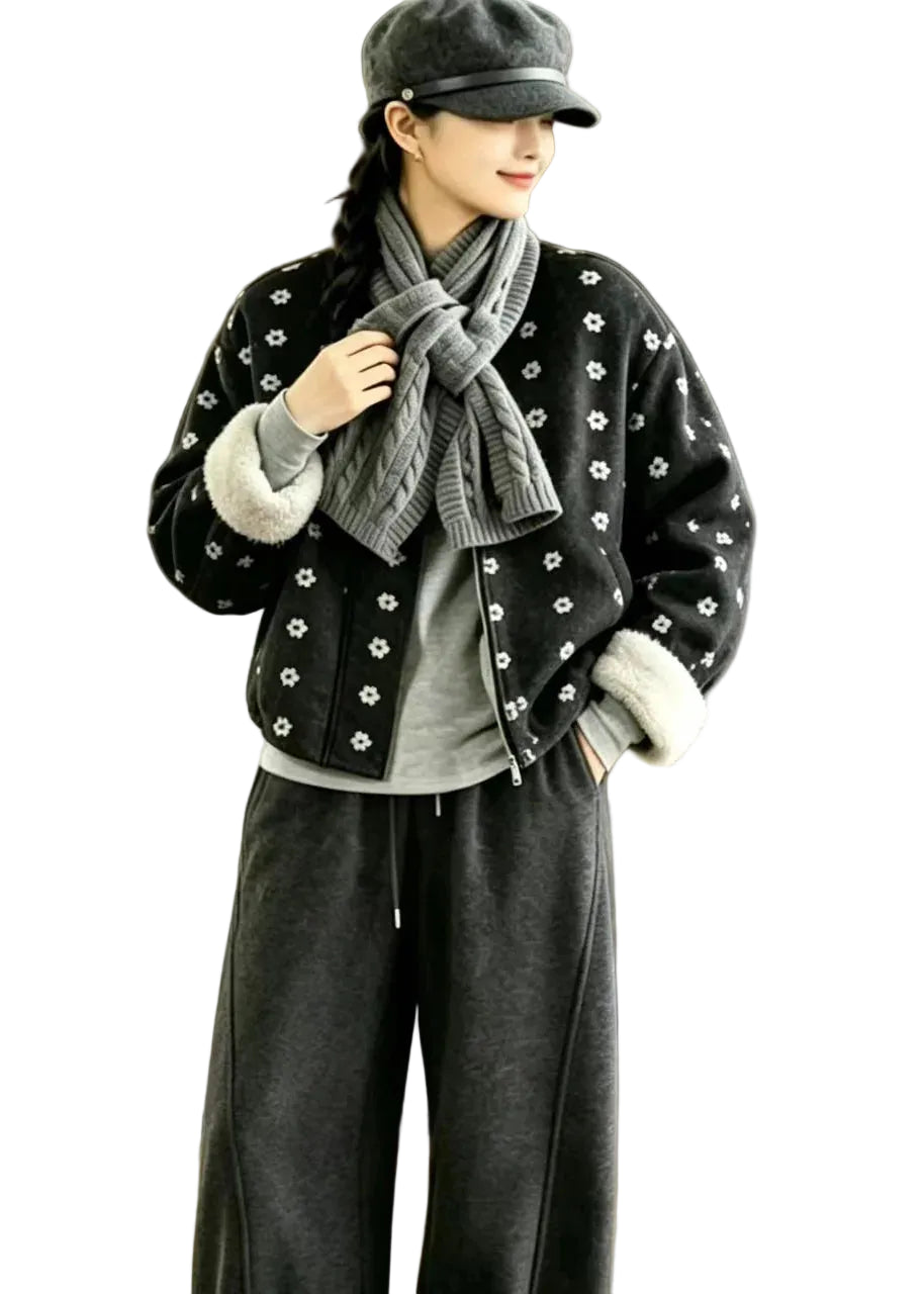 Veste d'hiver femme à col rond imprimé avec écharpe 0