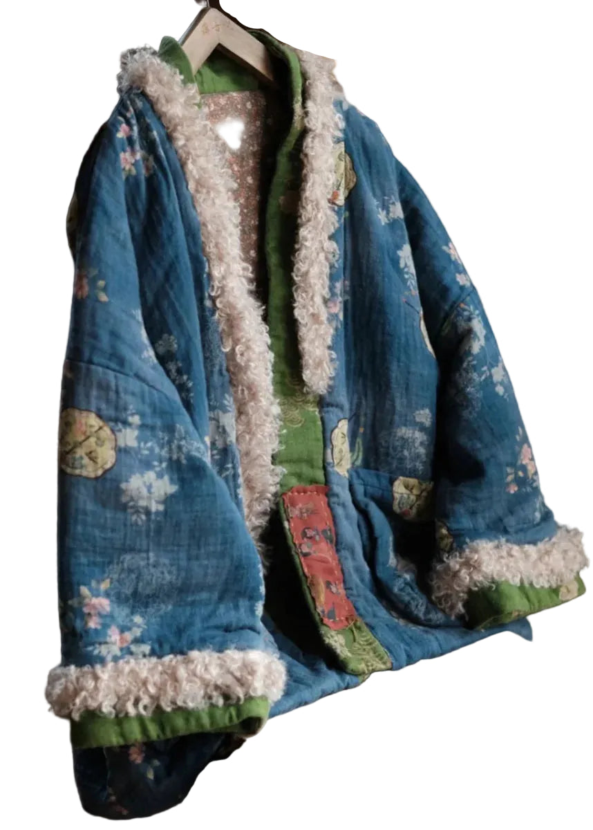 Veste d'hiver femme ample avec poches imprimées et patchwork en fausse fourrure 0