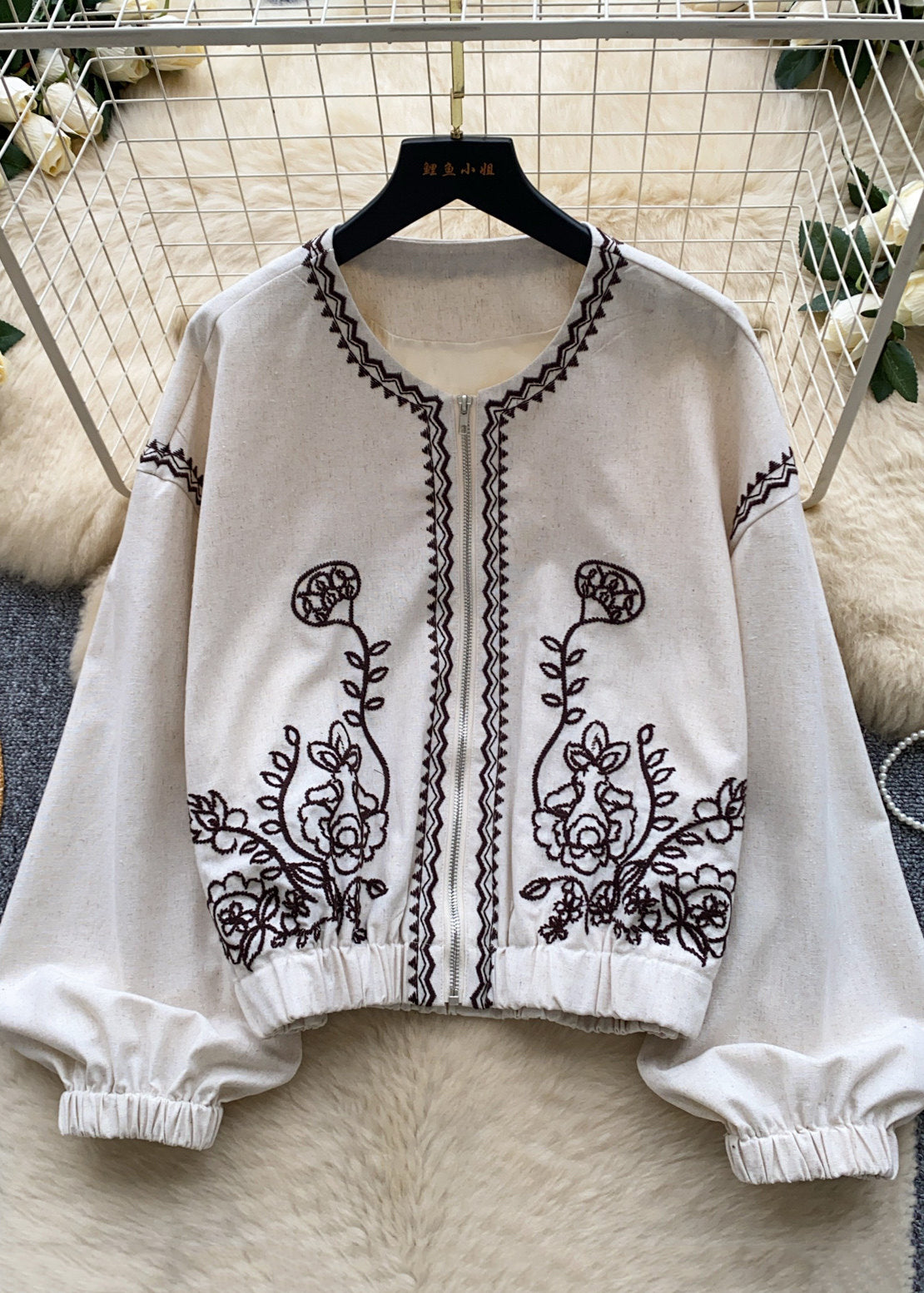 Veste zippée oversize brodée pour femme style automnal 3