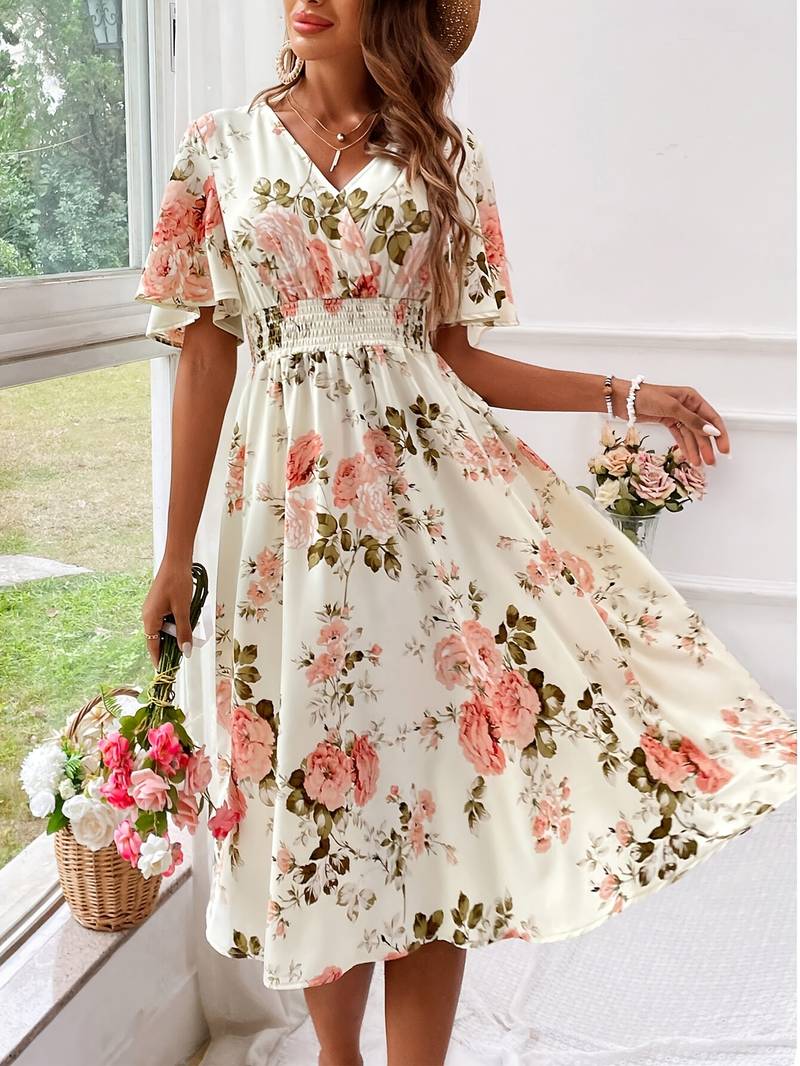 Variant image for Robe Femme A Ligne Élégante Imprimé Floral Manches Volantes Polyester-1
