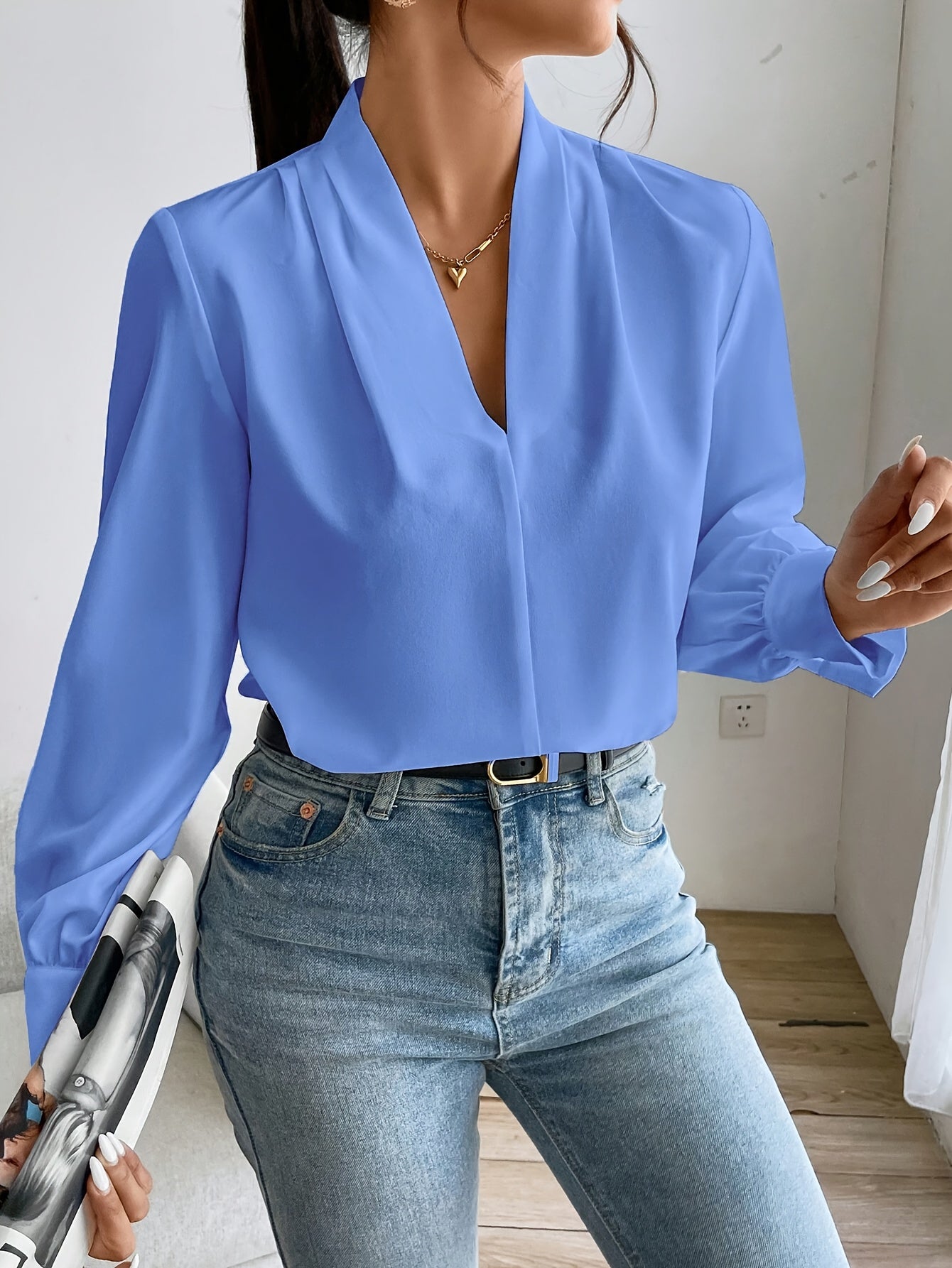 Blouse Femme Noir Élégante Col en V Polyester Classique-1