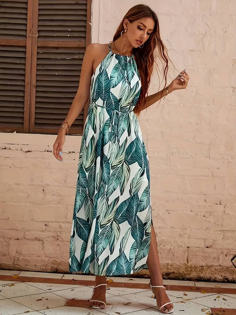 Robe de Plage Femme Tropicale Col Halter Légère 100% Polyester-3