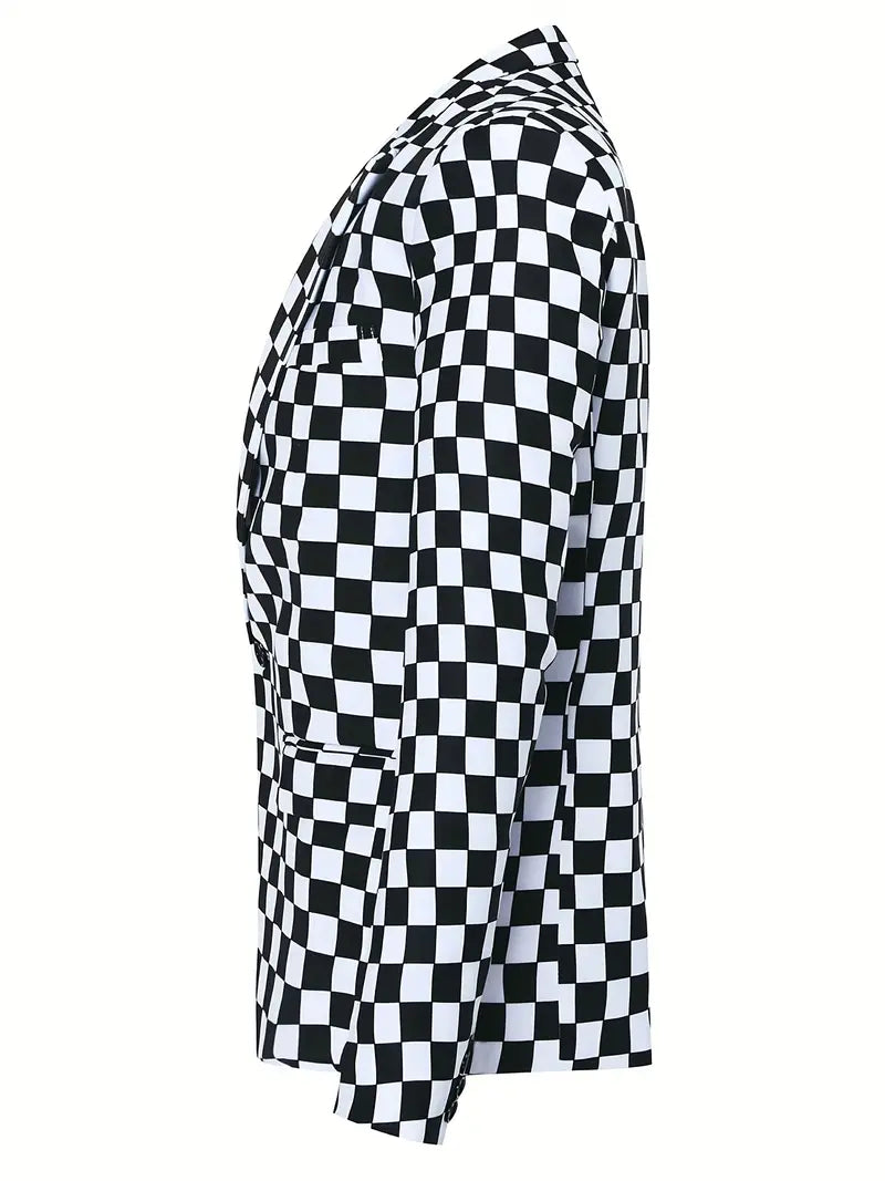 Veste Costume Homme Motif Échecs Élégante Polyester Ajustée-3