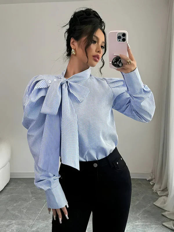 Chemise Femme Élégante à Rayures Grand Col 100% Coton Chic-4