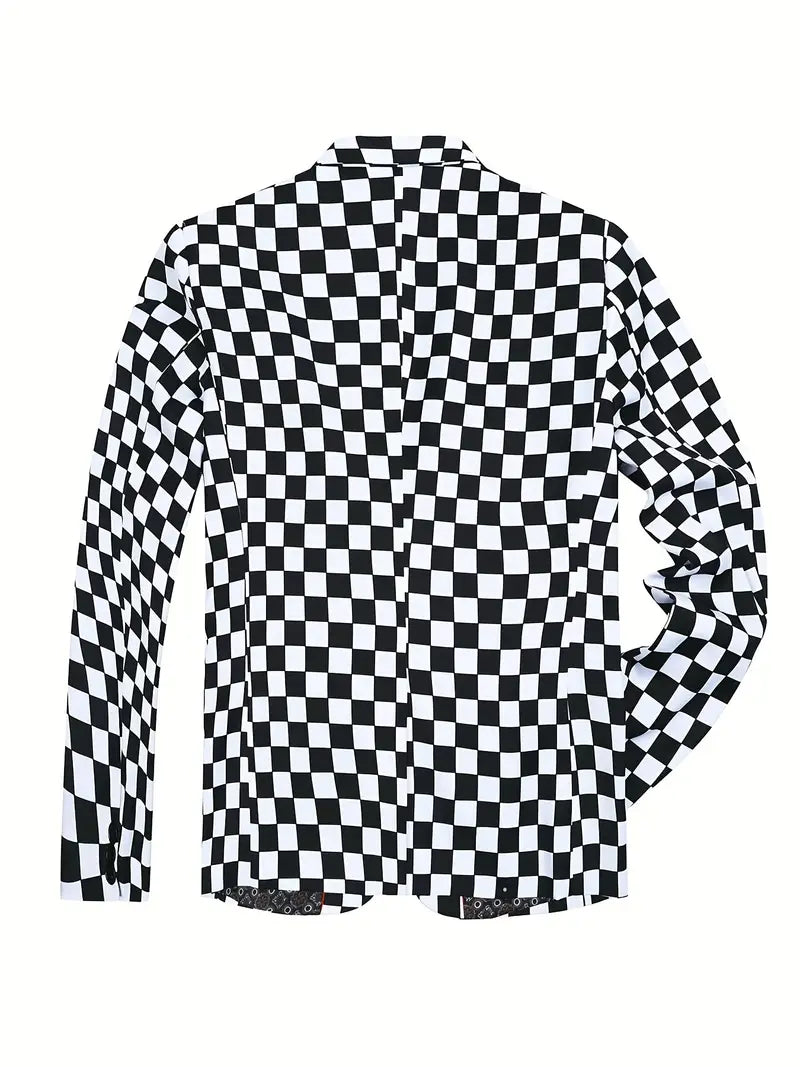 Veste Costume Homme Motif Échecs Élégante Polyester Ajustée-2