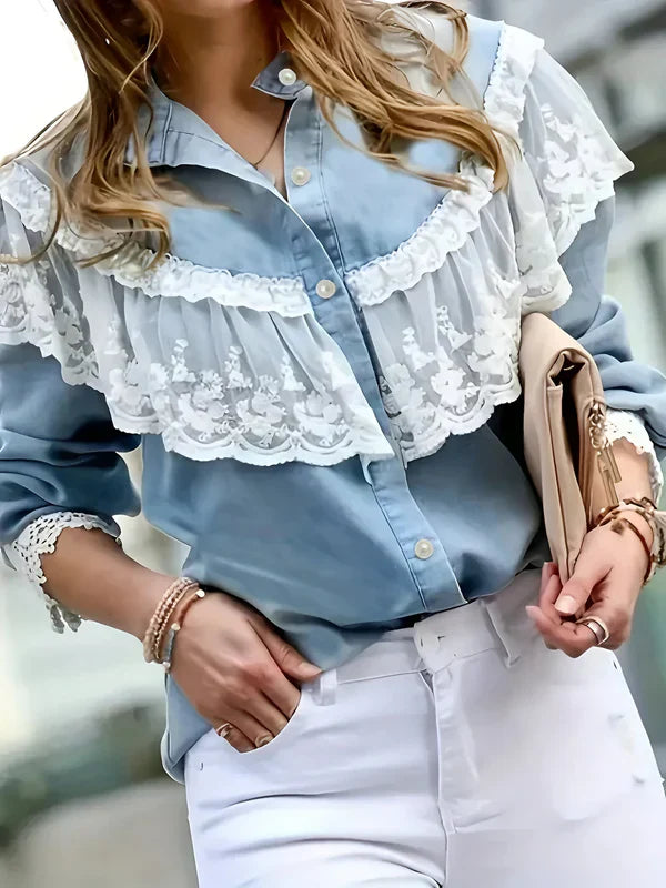 Chemise en Jean Femme Éléganter Détails en Dentelle Denim-4