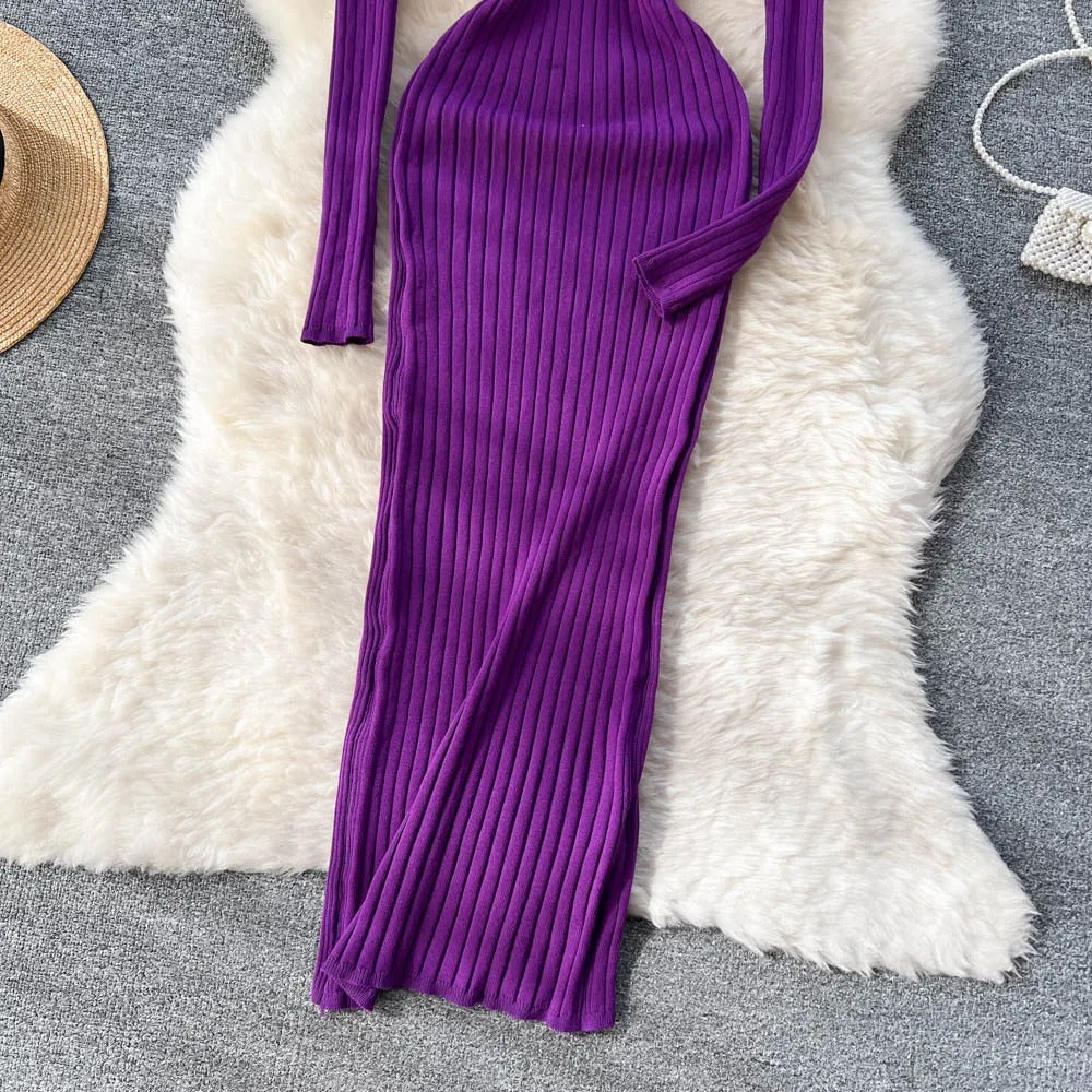 Robe crayon tricotée à manches longues pour femmes