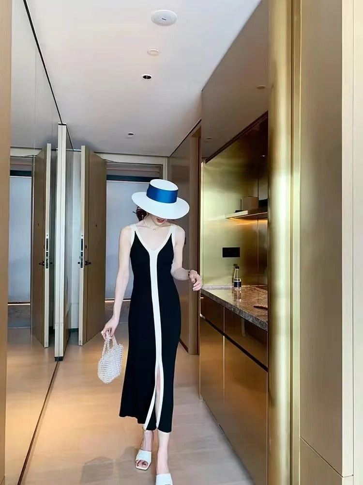 Robe en maille sans manches à col en V pour femmes