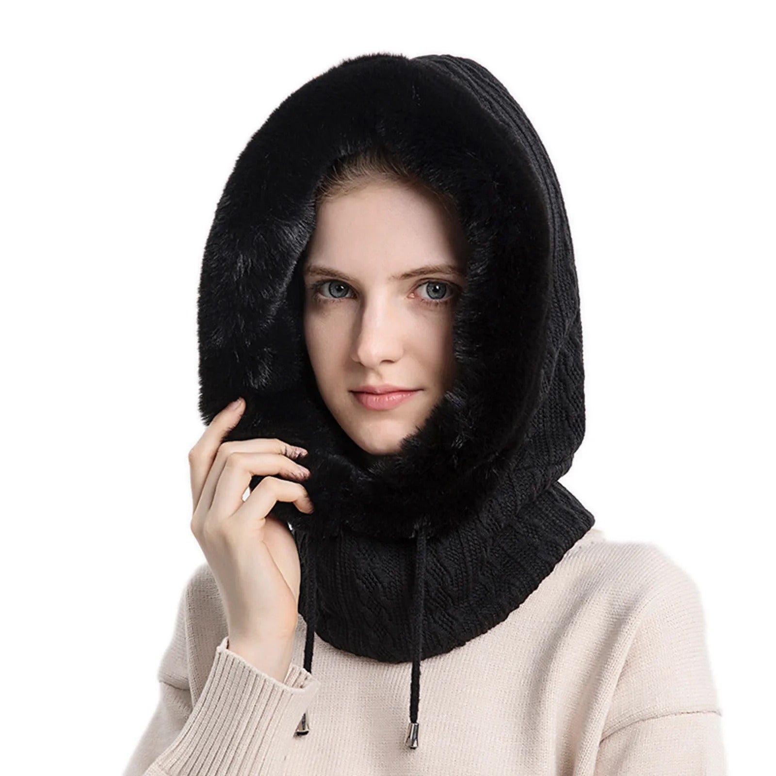 Set de masques pour femmes avec bonnet de fourrure tricoté