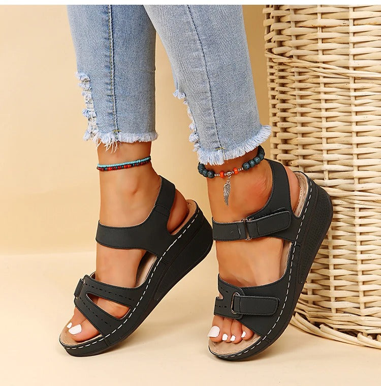 Sandales Femmes Orthopédiques Confortables Cuir Synthétique Plat Forme Élevée