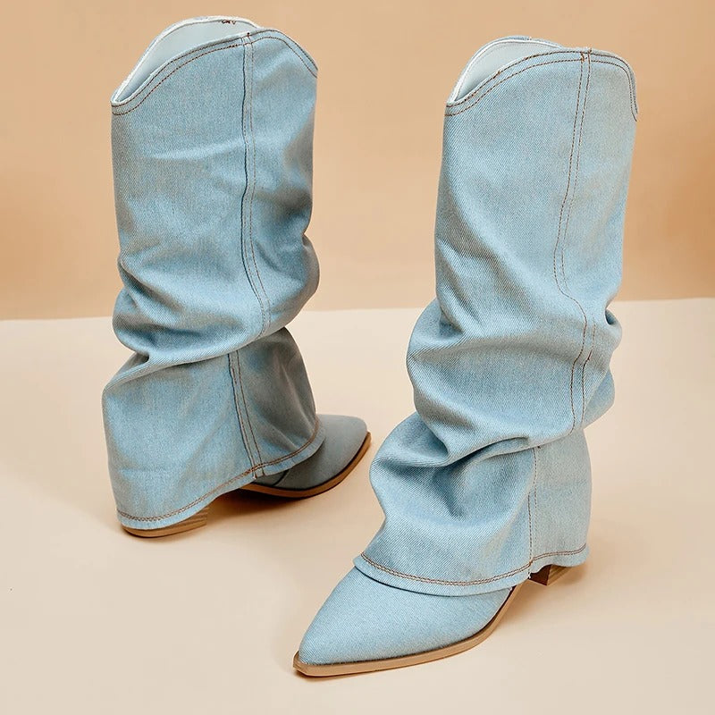 Bottes en denim à talons hauts pour femmes
