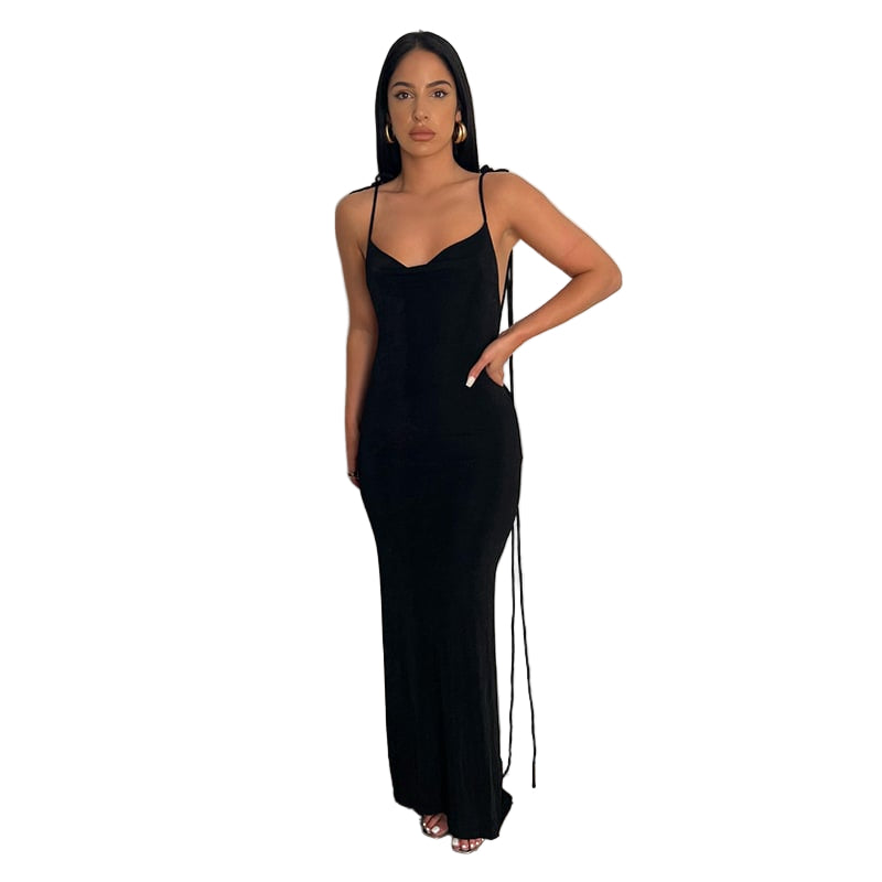 Robe Longue Femme Noire Décolleté Dos Tissu Élastique Maxi-4