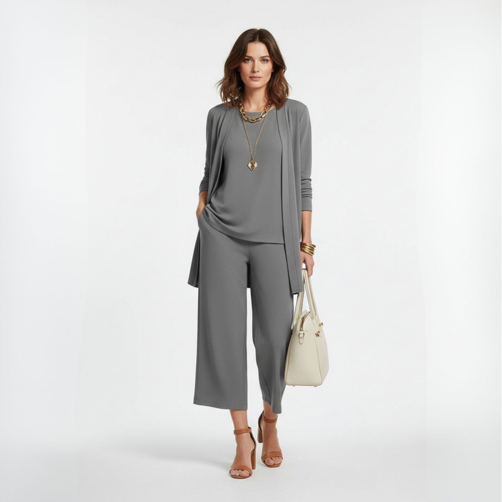 Ensemble Femme Cardigan et Pantalon Long en Maille de Coton Élégante